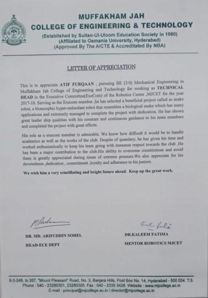 Technical Head Appreciation Letter